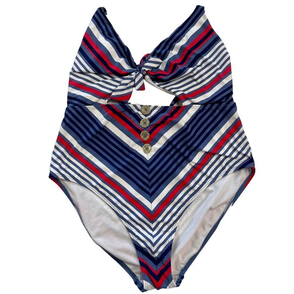 Time Tru L One Piece Swim Suit Red White Blue Patriotic Sailor Cutout Peep Vneck - Picture 12 of 12